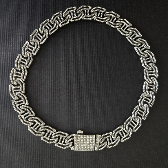 Elegant Iced Out Fully Rhinestone Figaro H-shape Silver Chain Necklace 22" - Picture 8 of 11